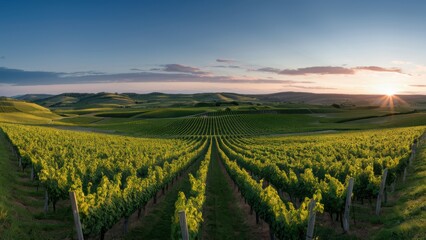 A field of green plants with a sun setting in the background, AI