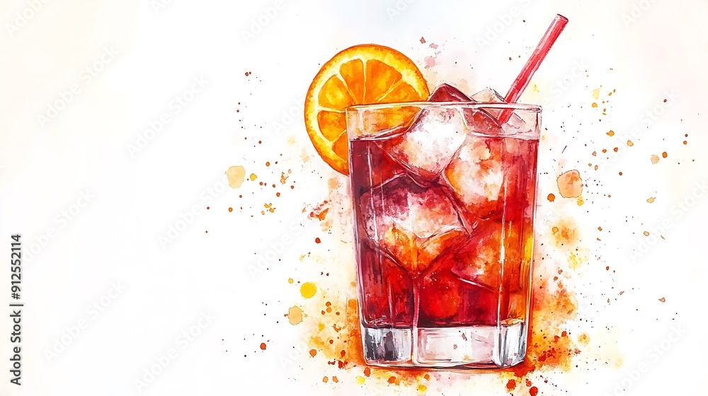 Canvas Prints Watercolor Illustration of a Refreshing Cocktail with Orange Slice and Ice Cubes.