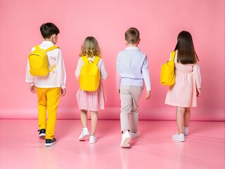 School backpacks and a knapsack. Walk to school along the path. Horizontal, Place for text.