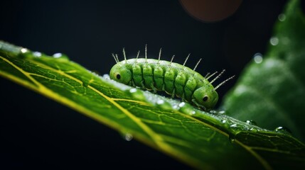 Fototapeta premium Close up shot of caterpillar on green leaf