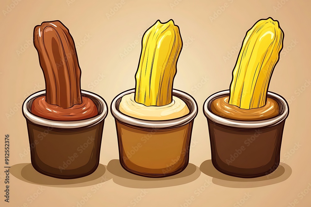 Wall mural Cartoon Illustration of Churros with Chocolate, Caramel, and Vanilla Dipping Sauces.