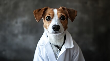 A dog is wearing a white lab coat and standing in front of a grey wall