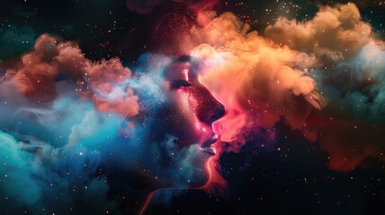 de-focus photo manipulation where the face is replaced with a cloud of colorful particles, representing a loss of identity