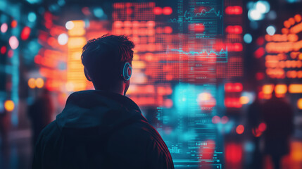 Obraz premium Man analyzing financial data on digital screens in a high-tech environment, focusing on detailed charts and graphs