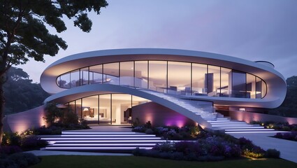 Naklejka premium A modern, white, curved house with large windows. It has a driveway and a garden with purple flowers.