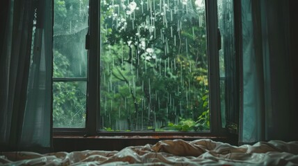 Rain falls softly against the window, creating a tranquil atmosphere in a cozy bedroom