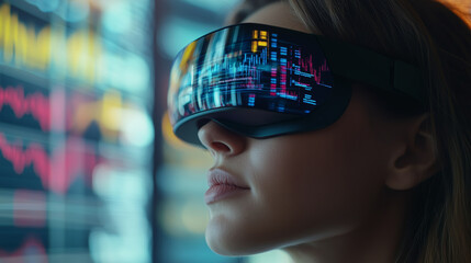 Woman using a VR headset for financial data analysis, immersed in a high-tech environment with detailed charts and graphs