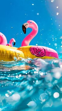Inflatable pink flamingo toy floated in the water