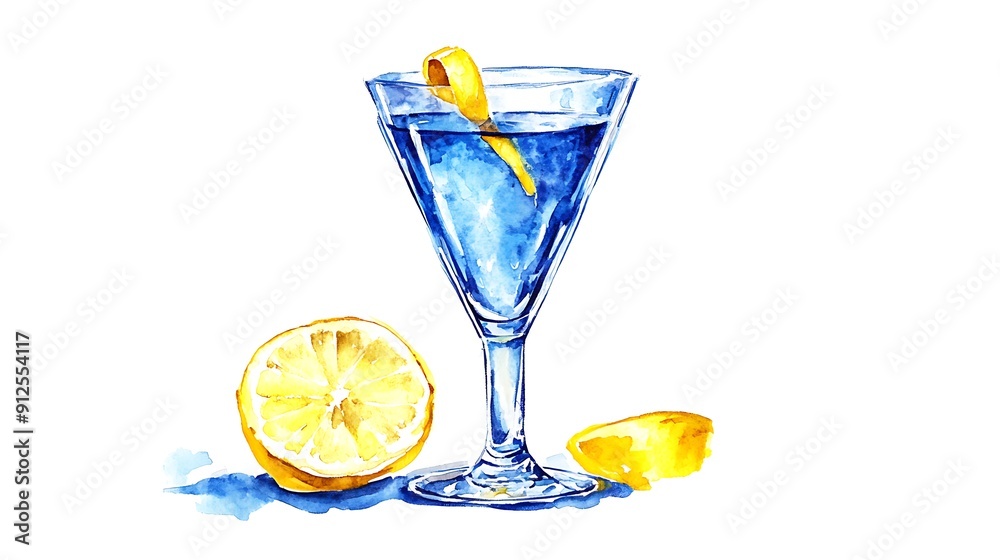 Wall mural Watercolor Illustration of a Blue Cocktail with Lemon Garnish.