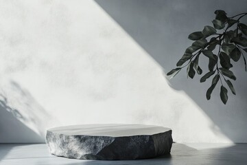 Creative Dark stone podium composition. Minimal background for product presentation. natural sunshade shadow on plaster wall. Scene for mock up presentation in minimalism style with copy space, ai