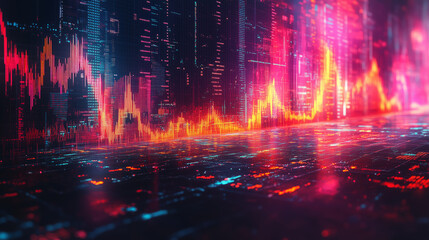 Fototapeta premium Vibrant financial data visualization with glowing charts and graphs, depicting market trends and economic activity.
