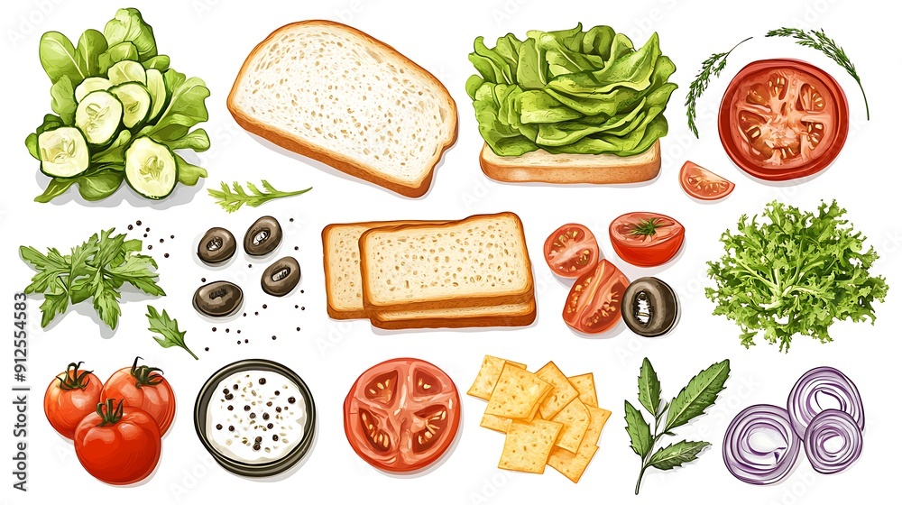 Canvas Prints Sandwich Ingredients Illustration - Fresh Vegetables, Bread, and Cheese.