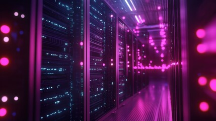 Obraz premium A row of servers lit in neon pink and blue lights.