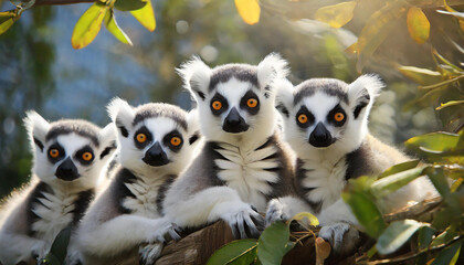 Fototapeta premium Group of lemurs with bright eyes surrounded by green leaves basking under soft sunlight.