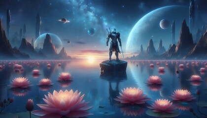 Obraz premium Ethereal Warrior Amidst Lotus Blooms