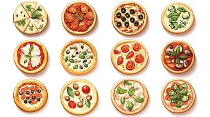 Variety of Delicious Gourmet Pizzas with Toppings, Isolated on White Background.