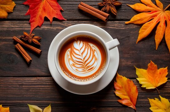 A top-down view of a white cup of freshly brewed coffee on a dark wooden table surface surrounded by colorful autumn leaves, cinnamon sticks and dry anise stars. Autumn fall season illustration.