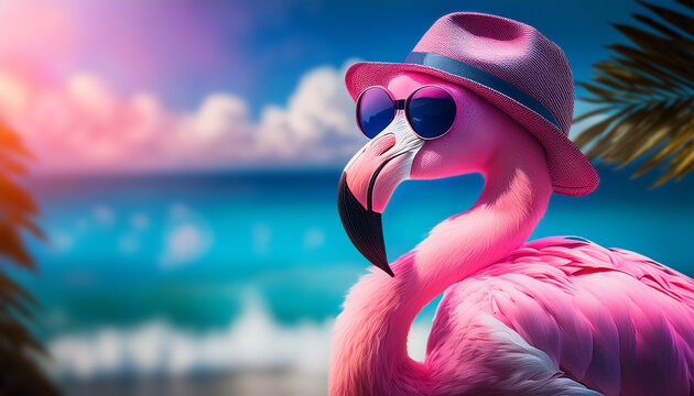 flamant rose mignon avec lunettes de soleil et chapeau, en vacances d'&eacute;t&eacute; &agrave; la plage