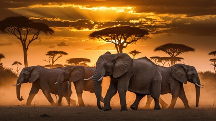 Fototapeta premium A group of elephants walking through the grass in front of a sunset, AI