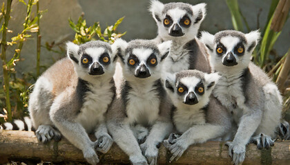 Obraz premium Group of lemurs with bright eyes surrounded by green leaves basking under soft sunlight.