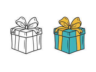 Beautiful blue cardboard box decorated with yellow ribbon and bow as a happy birthday gift on white. Hand drawn vector sketch illustration in doodle engraved vintage line art style. Christmas