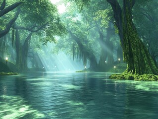 Obraz premium Eerie Swamp A 3D wallpaper of a murky swamp with animated willothewisps, creepy trees draped in moss, and shadowy creatures lurking in the water