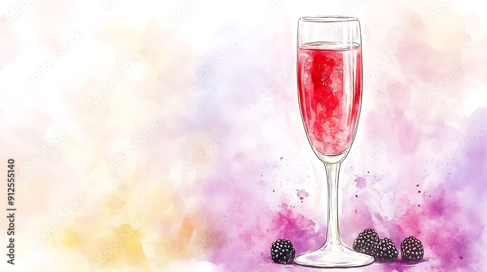 Canvas Prints Watercolor Illustration of a Glass of Champagne with Blackberries on a Soft, Abstract Background.