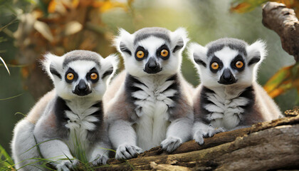 Fototapeta premium Group of lemurs with bright eyes surrounded by green leaves basking under soft sunlight.