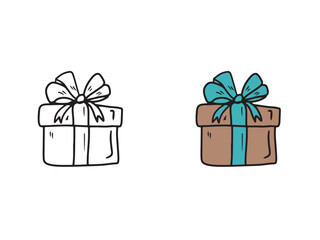 Small brown gift box decorated with blue ribbon as a symbol of happy birthday, halloween celebration. Hand drawn vector sketch illustration in doodle engraved vintage line art style. Coloring book