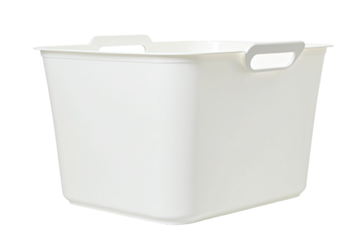 White plastic storage basket isolated, side view, clipping path. Perfect for home organization, kitchen storage, and pantry organization