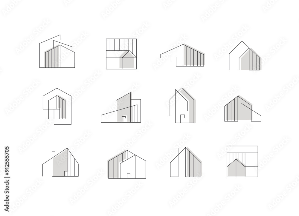 Wall mural building and house icons drawing in modern linear style on beige white background