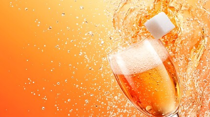 Close-up of a glass of orange juice with a sugar cube falling into it, creating a splash and bubbles.