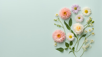 A colorful bouquet of flowers is arranged on a green background