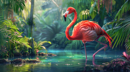Fototapeta premium Illustration of a pink flamingo standing on one leg in a river against a tropical landscape background.