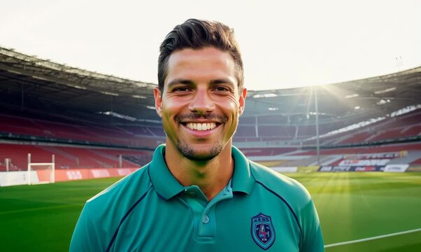 Medium shot portrait video of a grinning man in his 30s wearing a sporty polo shirt against a sports field or stadium background
