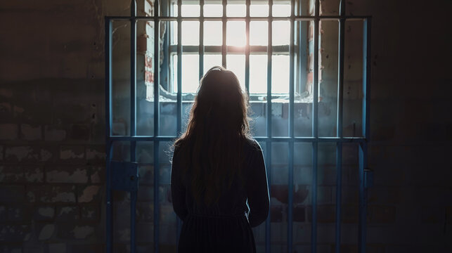 A woman is in prison, serving her sentence in a prison cell, back view. Wrongfully convicted.