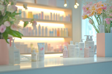 Blurred background of pharmacy counter with product display, white table top for mockup products or design in the foreground, in the style of white table top