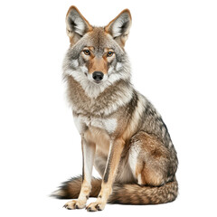 Fototapeta premium Coyote Sitting Calmly Against White Background in Natural Posture