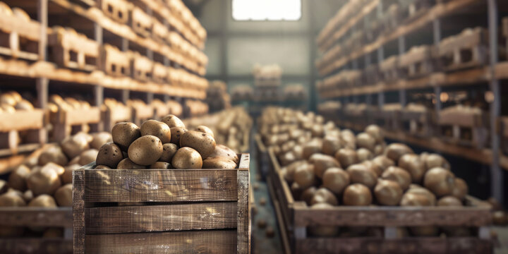 Vegetable warehouse, wooden box with selected fresh potatoes on warehouse background, selective focus.