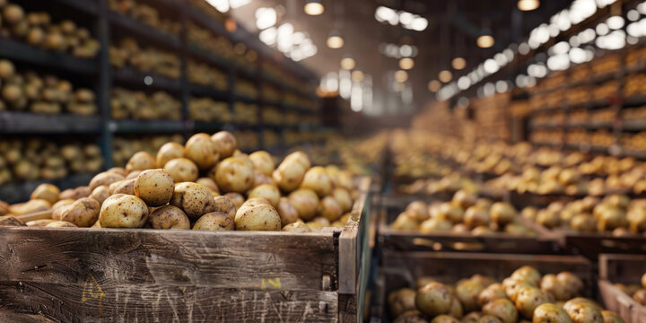 Vegetable warehouse, wooden box with selected fresh potatoes on warehouse background, selective focus.