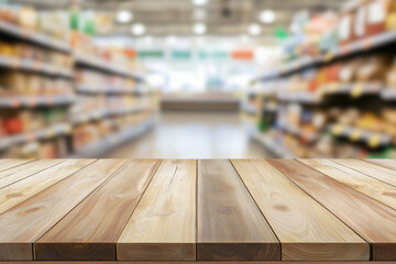 Empty wood table top with supermarket blurred background for product display