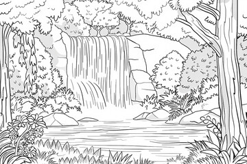 Obraz premium Waterfall in a Lush Forest Scene coloring pages