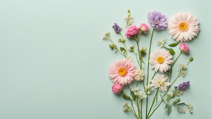 A colorful bouquet of flowers is arranged on a green background