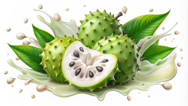 Vibrant soursop juice splatters and droplets isolated on a transparent background, perfect for design elements, beverage advertising, and healthy food illustrations.
