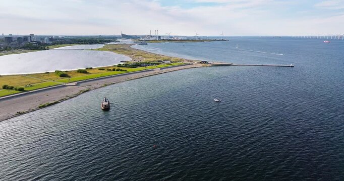 Aerial drone view of Amager Beachpark seaside public park in Copenhagen, Denmark