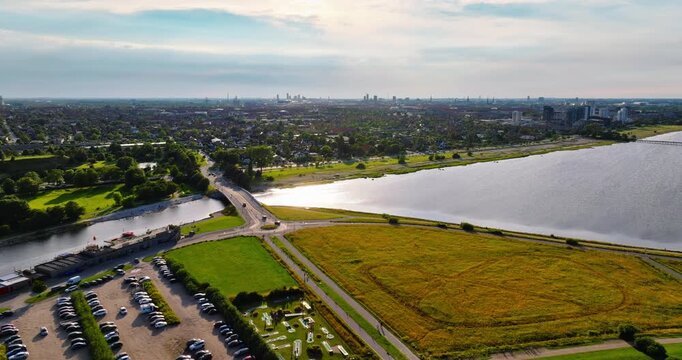 Aerial drone view of Amager Beachpark seaside public park in Copenhagen, Denmark