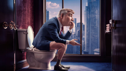 A man in a suit sitting on the toilet with his legs crossed, AI