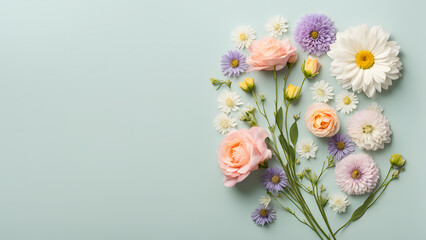 A colorful bouquet of flowers is arranged on a green background