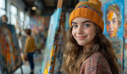 Obraz premium A young woman with long hair and a yellow hat is smiling at the camera in front of a painting
