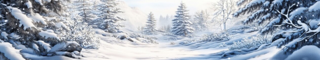 Fototapeta premium Serene Winter Wonderland: A High-Detail Hand-Drawn Snowy Landscape in Anime Style, Celebrating the Season's Charm with Precision and Cozy Warmth,Abstract concepts, game concept art